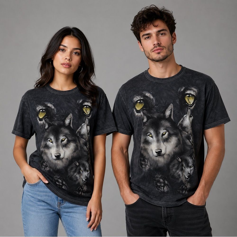 Black Gray Wolf with eyes Graphic Crew Neck Tee Shirt 100% Cotton size XL